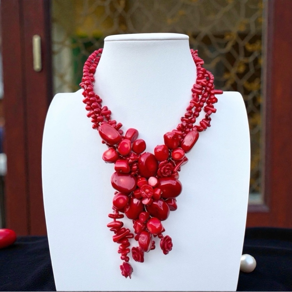 Carved Red Coral Flower Garland Collar 3-Strand Necklace